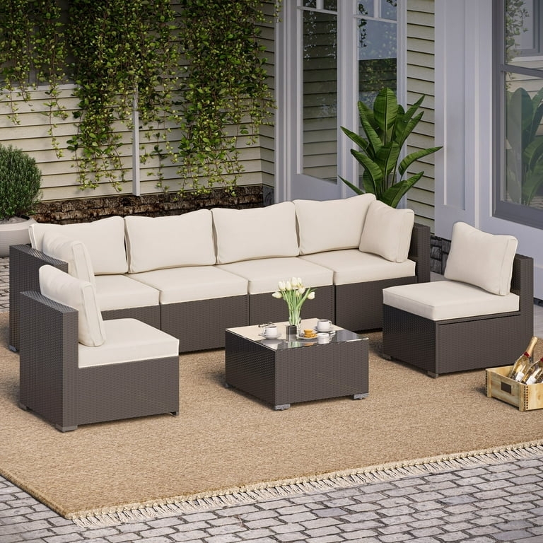 Outdoor Sectional Set U-Shaped Espresso Wicker Beige Cushions 7-Piece