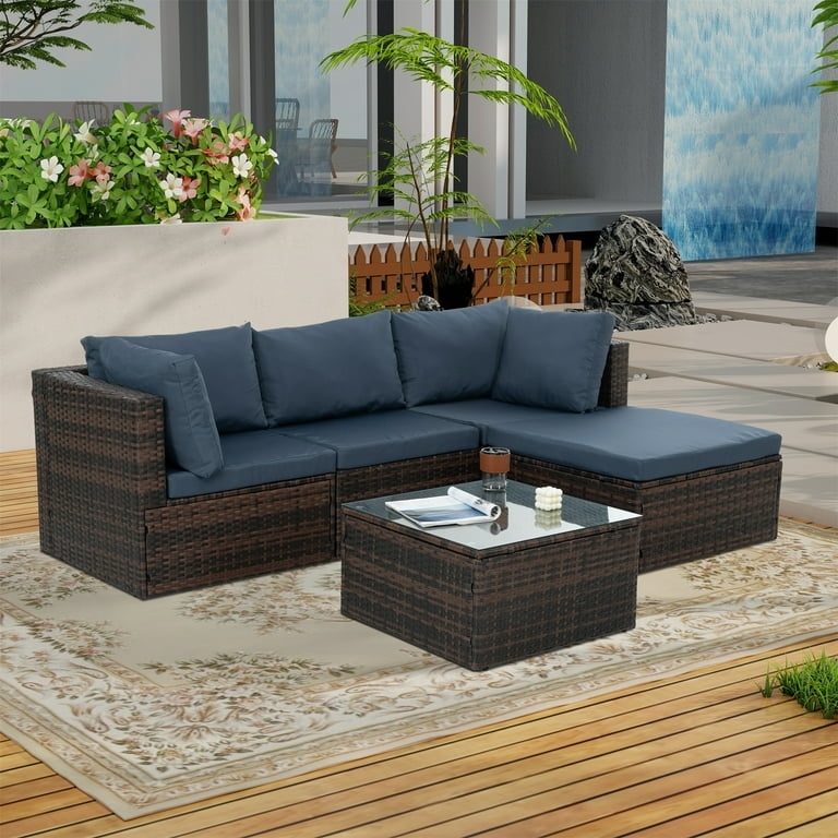 Outdoor Sectional Set Vibrant Blue Cushions Dark Woven Modern Layout