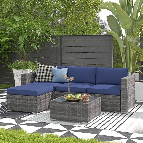 Outdoor Sectional Set Wicker with Glass Top and L-Shaped Seating