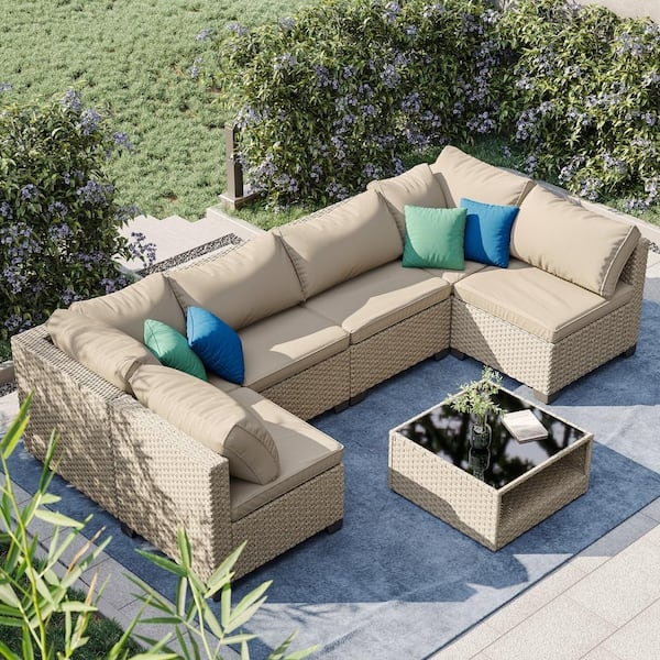 Outdoor Sectional Set with Fire Pit, Espresso Wicker Patio Conversation Set