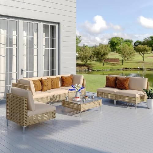 Outdoor Sectional Set, Woven L-Shaped Patio Sectional.