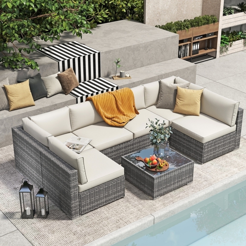 Outdoor Sectional Sofa 7-Piece Dark Woven Wicker with White Cushions