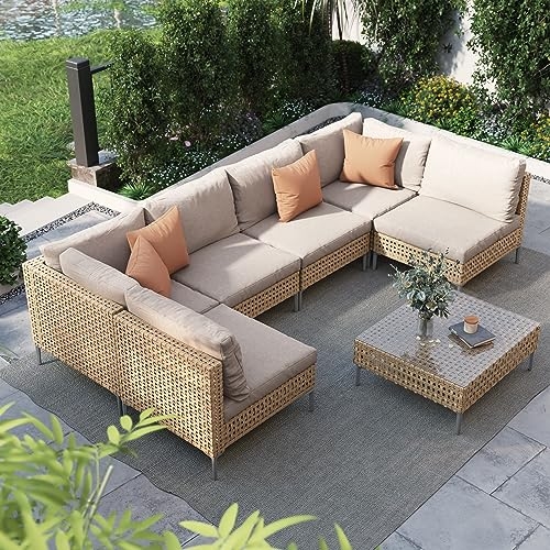 Outdoor Sectional Sofa Blocky Cushions 7-Piece Woven Wicker