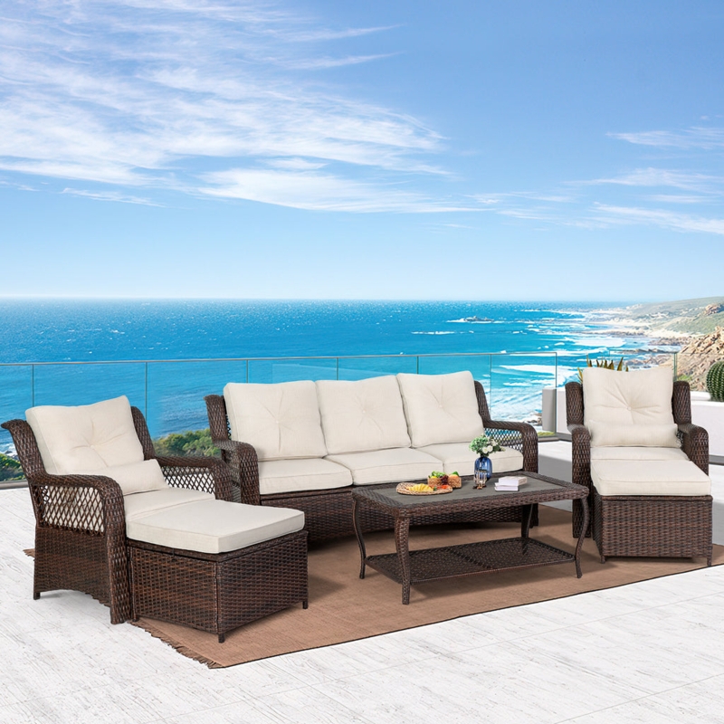 Outdoor Sectional Sofa Contrast Palette Brown Woven Rattan White Modular