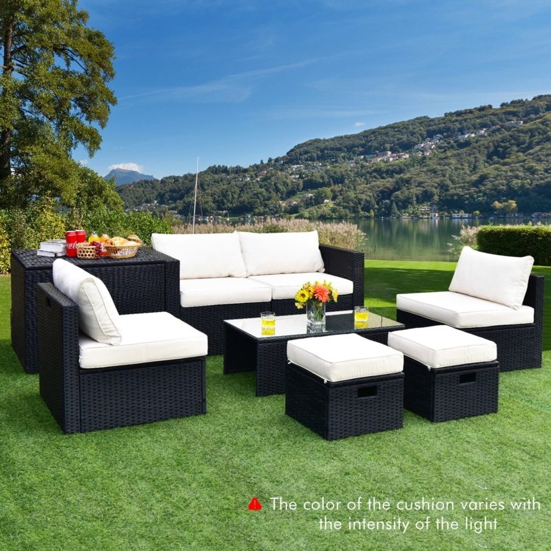 Outdoor Sectional Sofa Dark Brown Rattan Modular Set with Cream Cushions