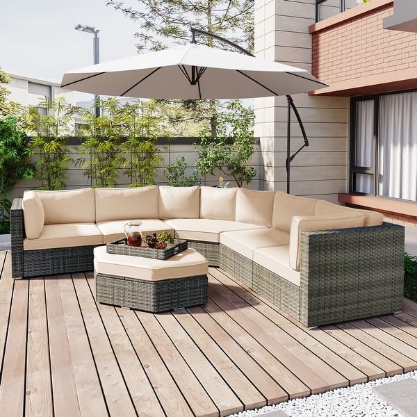 Outdoor Sectional Sofa Geometric Shag Rug Integrated Trays Ivory