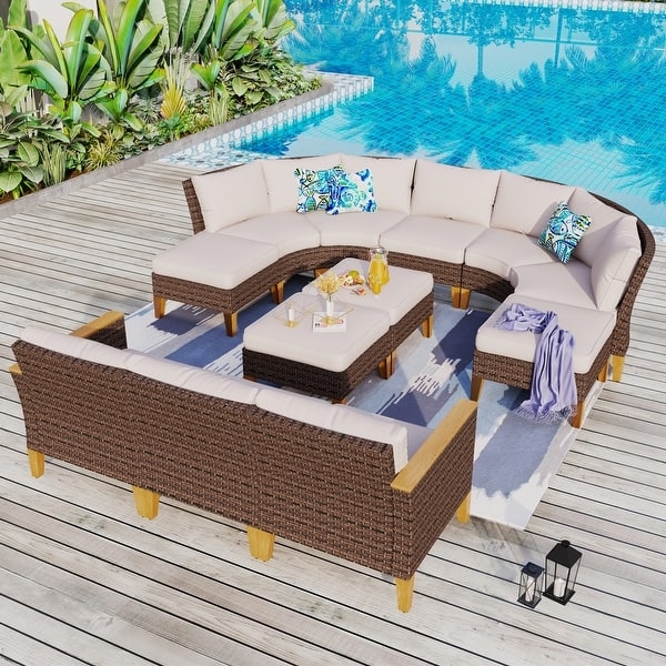 Outdoor Sectional Sofa Half-Moon Wicker with Integrated Wedge Tables