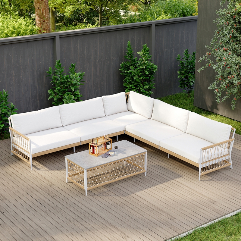 Outdoor Sectional Sofa Khaki Woven Rope L-Shaped with White Cushions