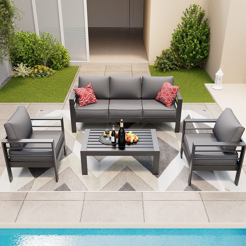Outdoor Sectional Sofa Modern Minimalist Slatted Metal Frame Light Gray
