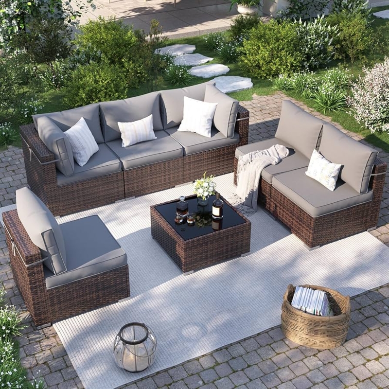 Outdoor Sectional Sofa Modular Woven Brown Charcoal Grey Glass Table Set
