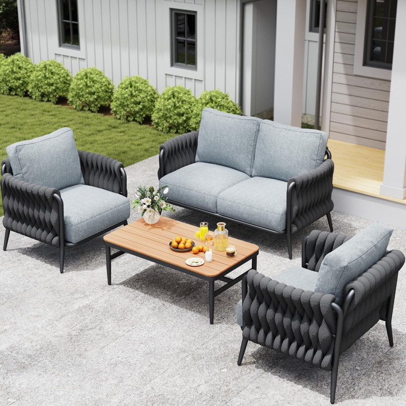Outdoor Sectional Sofa Set Woven Texture Dark Brown Beige Thick Cushions