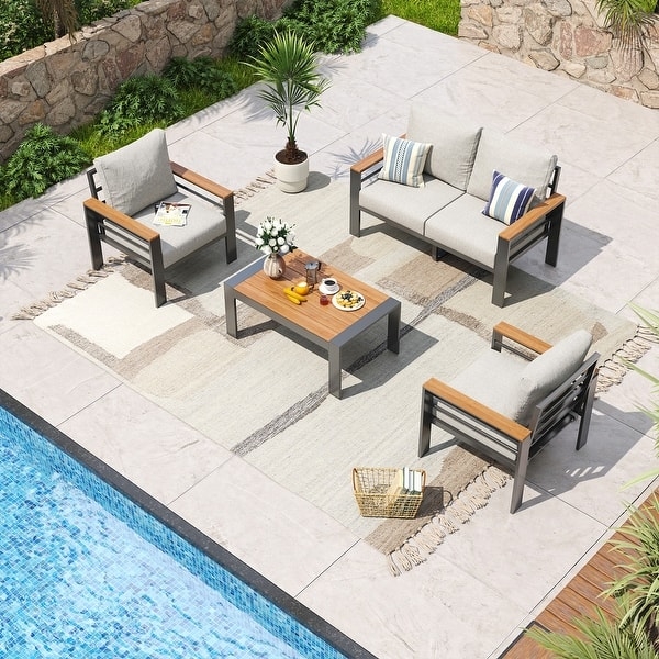 Outdoor Sectional Sofa Slatted Top Table Grey Cushion Metal Frame