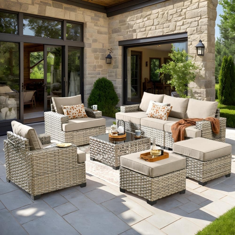 Outdoor Sectional Sofa with LED Table and Espresso Wicker