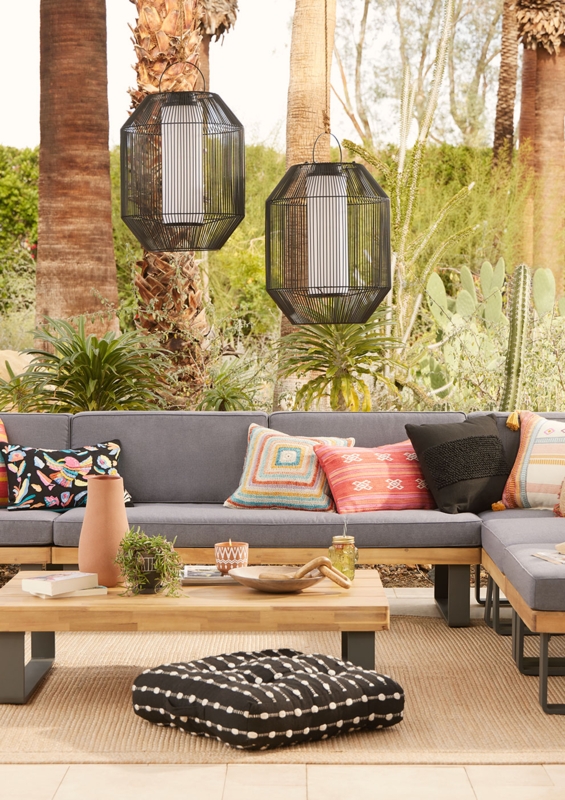 Outdoor Sectional Sofa Wood Frame Base, Layered Outdoor Area Rugs