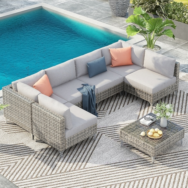Outdoor Sectional U-Shaped Woven Rattan Base Glass Top Table Grey