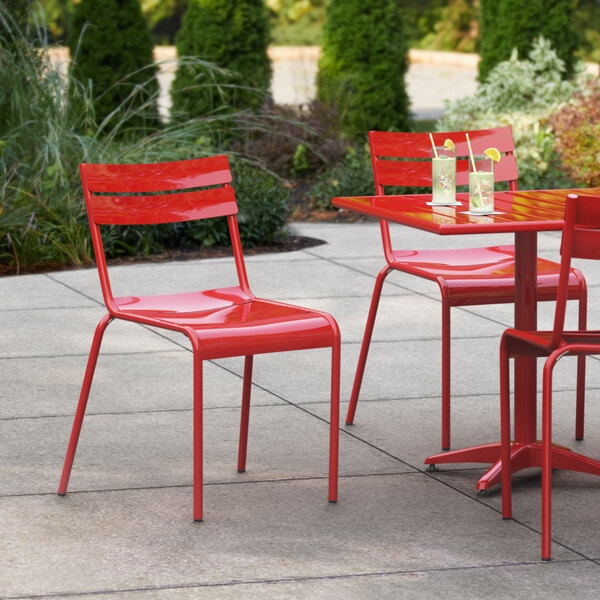 Outdoor Side Chair Red Metal Vertical Slat Back Industrial Style