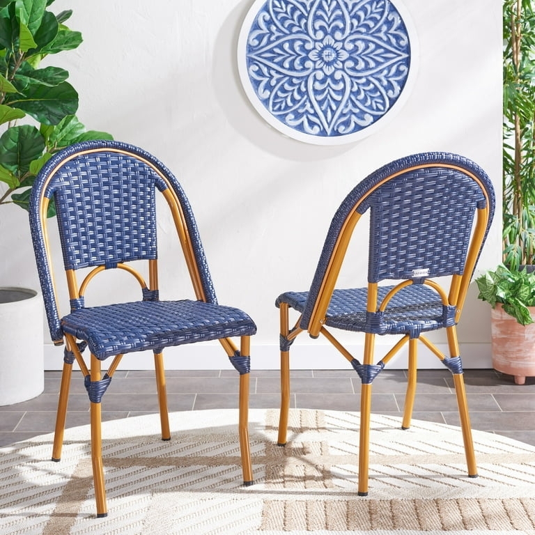 Outdoor Side Chair Set with Navy Blue Slats and Wood-Toned Frame