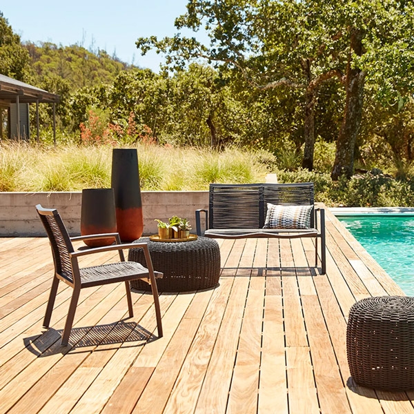 Outdoor Sofa Modern Cushionless Metal Frame Wood Armrests Charcoal Mesh