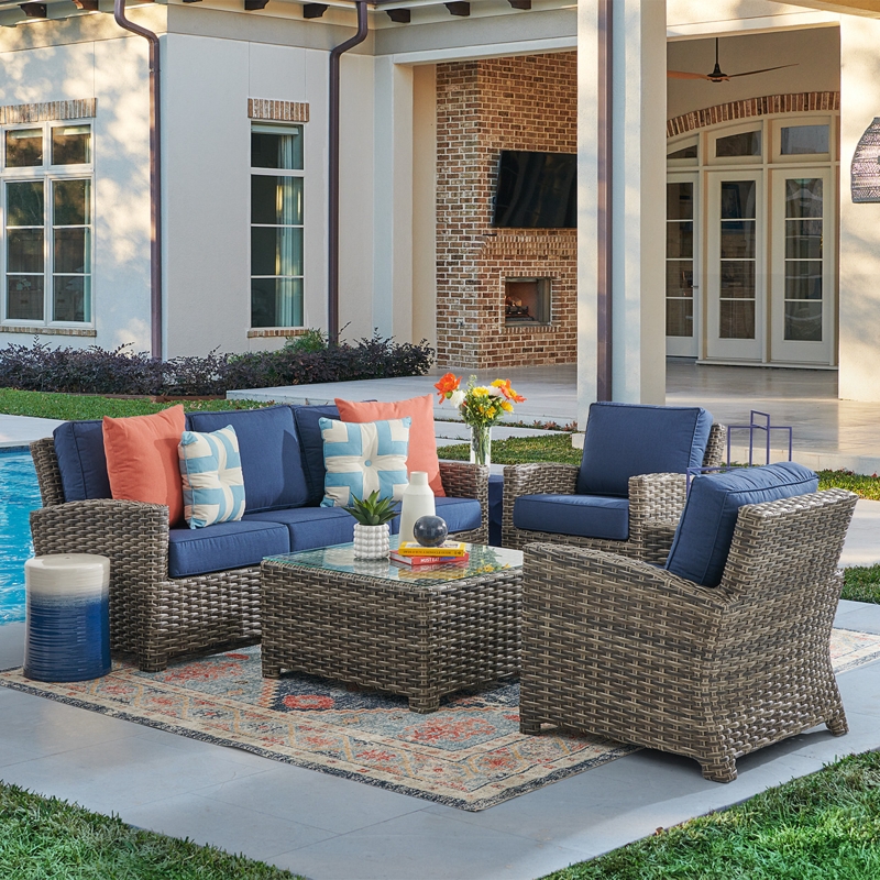 Outdoor Sofa Set: Husk Wicker Finish with Indigo Cushions