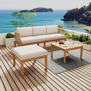 Outdoor Sofa Set Modern Teak Outdoor Conversation Set Beige Slatted Frame