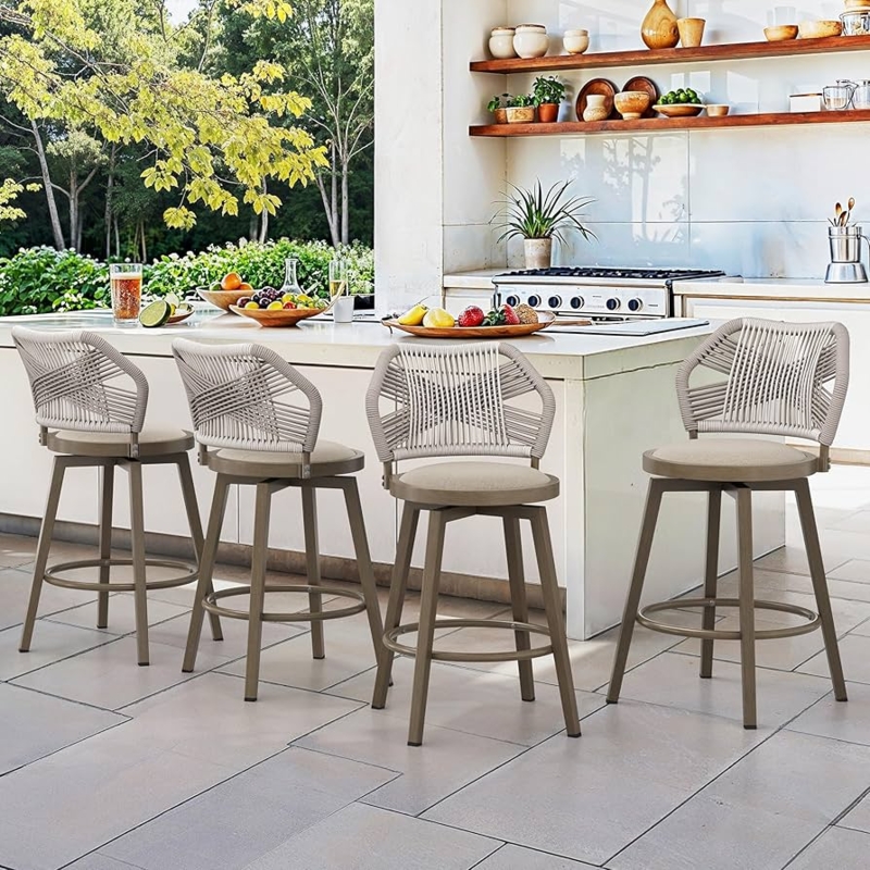 Outdoor Swivel Bar Stool Olefin Rope Back Apricot Cushions Coastal Patio