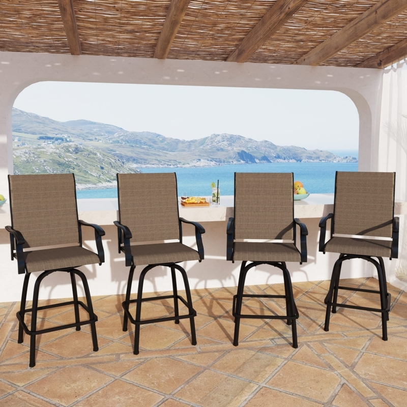 Outdoor Swivel Bar Stool Set, Weather Resistant Mesh, Curved Arms