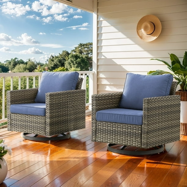 Outdoor Swivel Chair Set Grey Wicker Navy Blue Cushions Swivel Rocker
