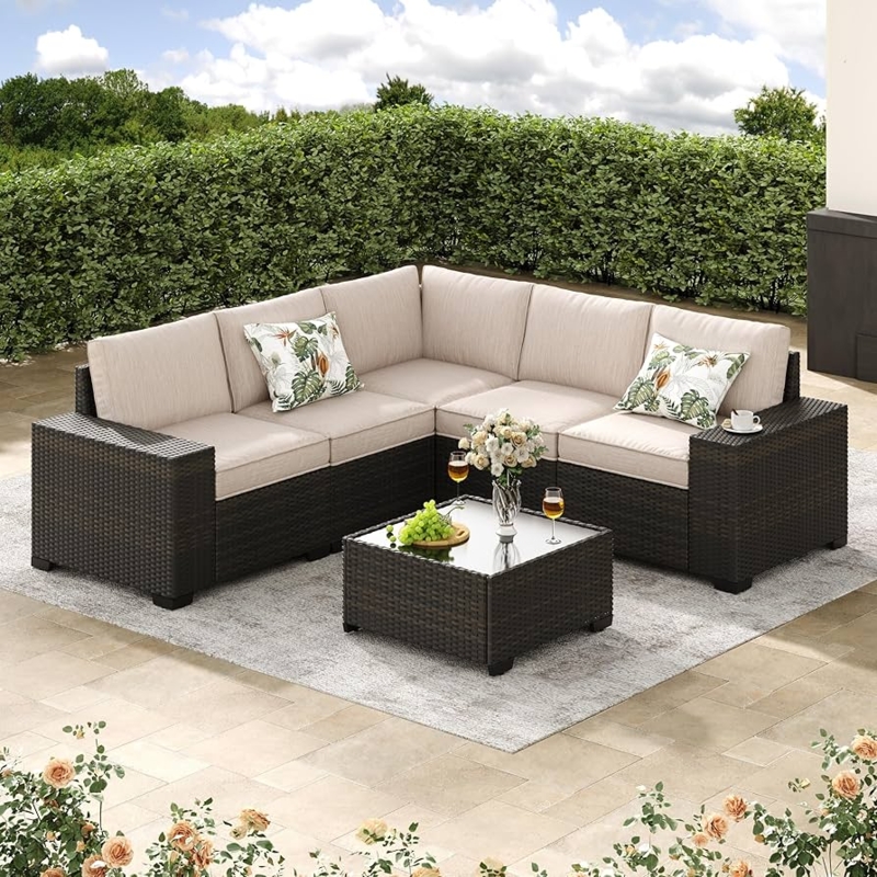 Outdoor Wicker Patio Furniture Set with Six-Piece Modular Layout