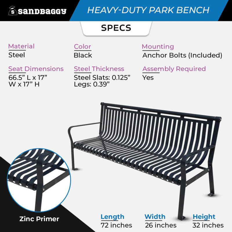 Park Bench Black Vertical Slats Powder-Coated Metal Curved Arms Heavy