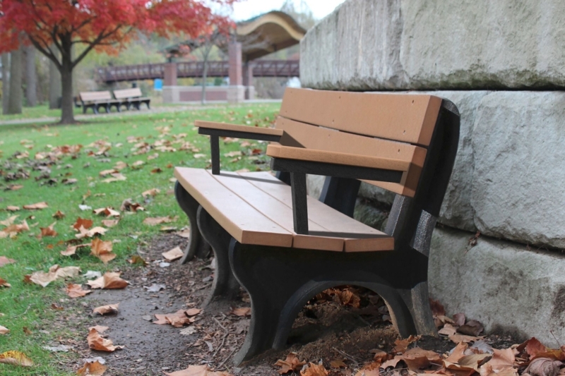 Park Bench with Weathered Slats: Black Metal Frame Waterfront Seating