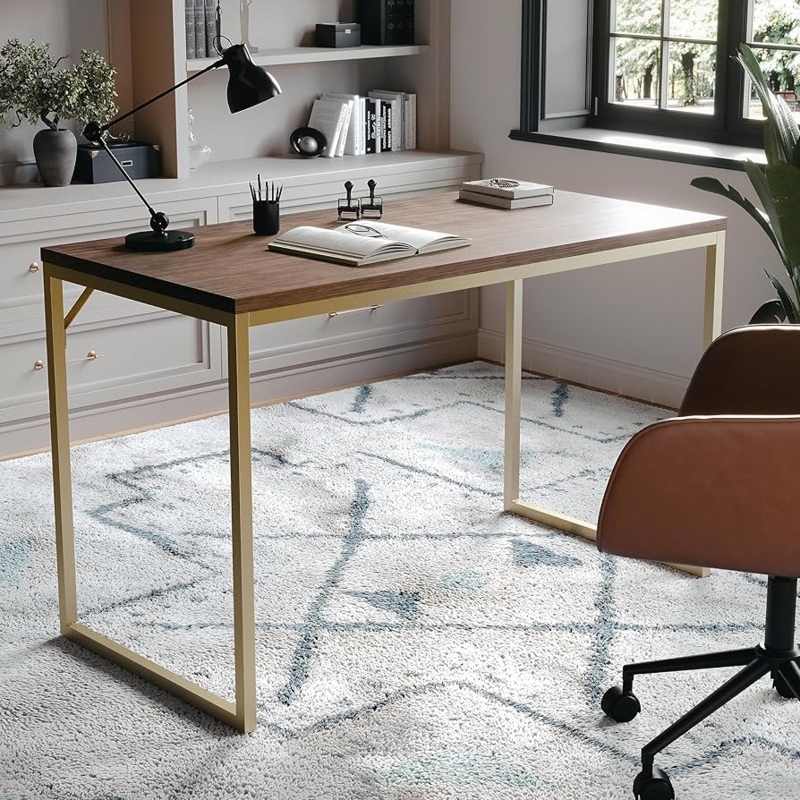 Parsons Desk Polished Brass Frame Walnut Finish Slim Profile