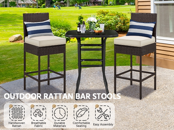 Patio Bar Stool PE Rattan Weave Set of 4 Beige Cushions Dark Brown