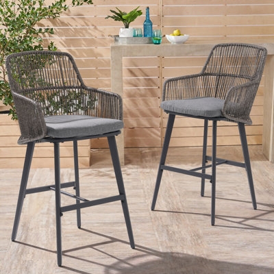 Patio Bar Stool Slat Back White Cushions Dark Frame Poolside