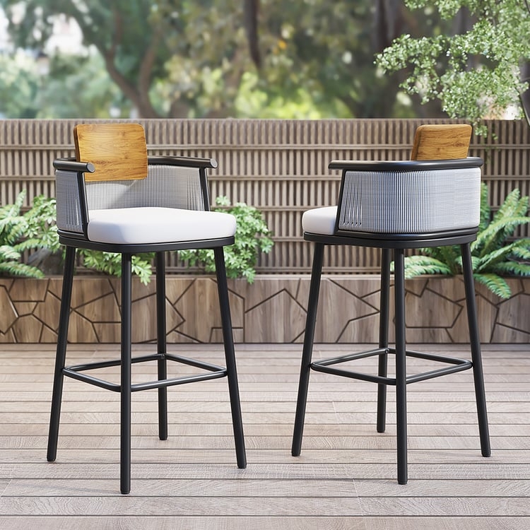 Patio Bar Stools Black Aluminum Wood Toned Slatted Back Modern