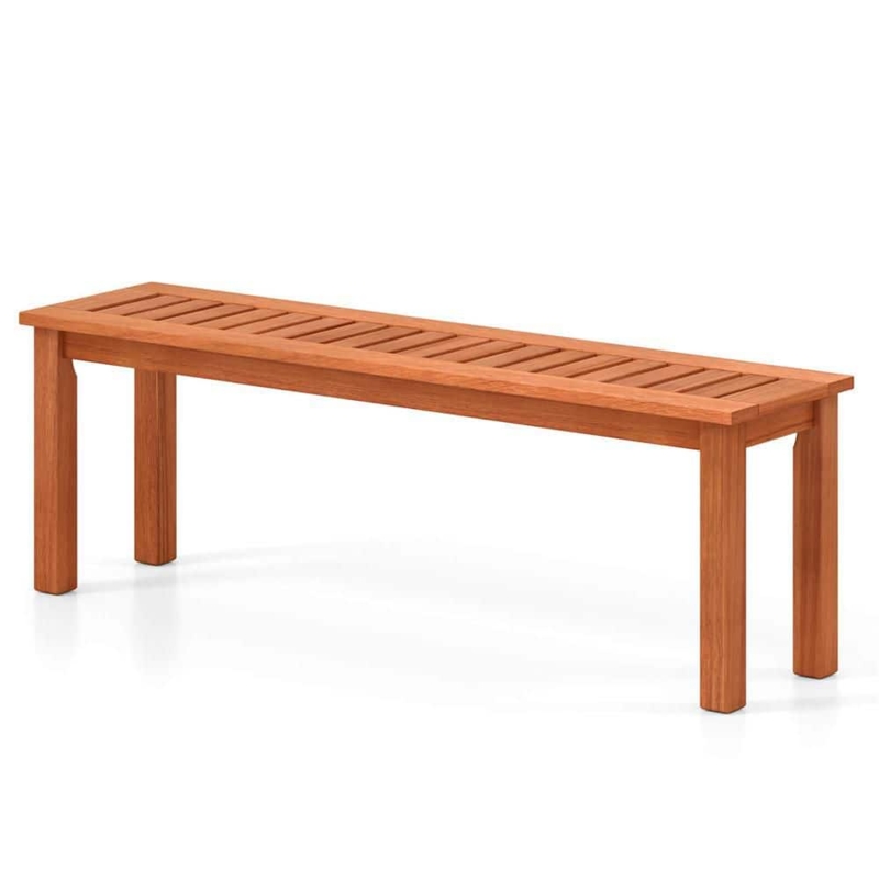 Patio Bench Backless Wood-Toned Slatted Rectangular Legs Minimalist