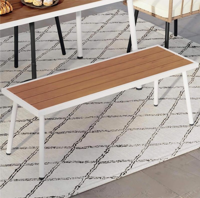 Patio Bench Grey Polywood Seat Metal X Shaped Legs Backless Minimalist