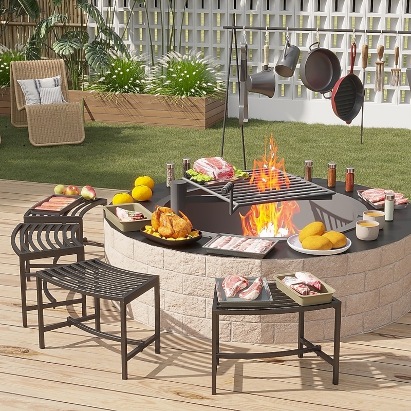 Patio Bench Set of 4 with Curved Fire Pit Layout & Slat Seats