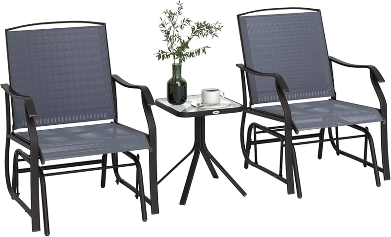 Patio Bistro Set 3 Piece Glider Chairs Mesh Sling Fabric Glass Top Gray