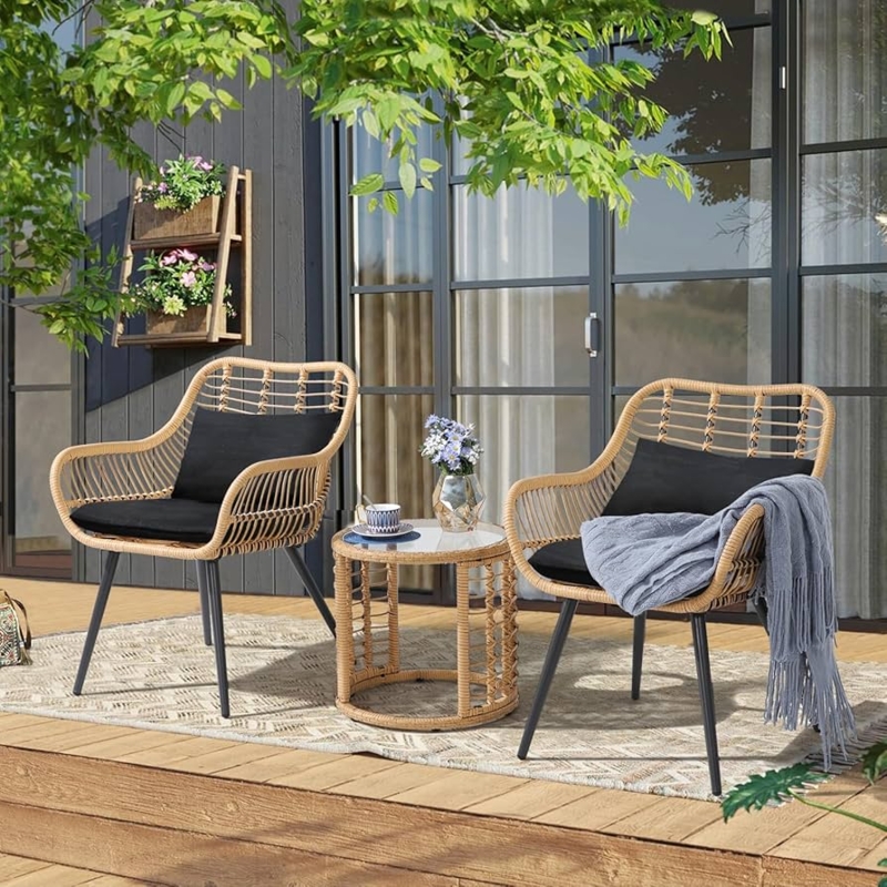 Patio Bistro Set, Black Synthetic Wicker, High Contrast, Glass Top