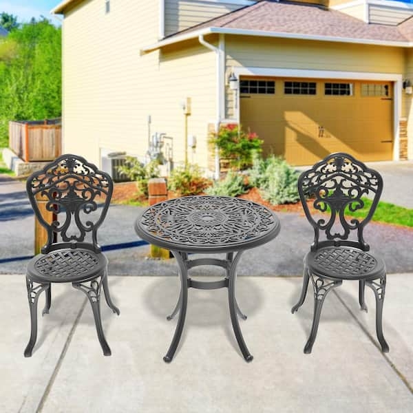 Patio Bistro Set Matte Black Aluminum Slatted Barrel Back Chairs