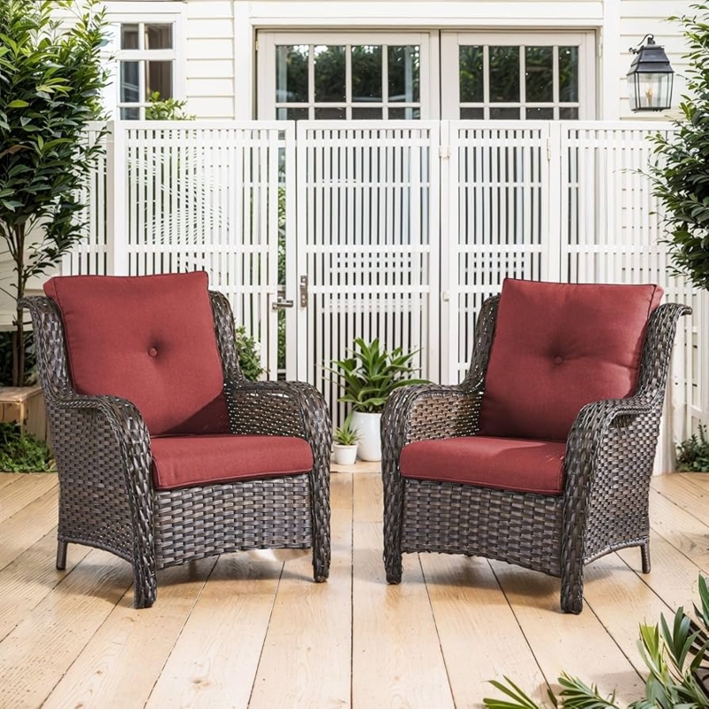 Patio Chair High Back Wide Armrests Brown Wicker Modern Deck Seating