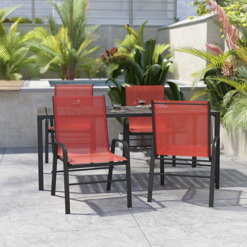 Patio Chair Mesh Curved Arms Stackable Modern Outdoor Dining Seating