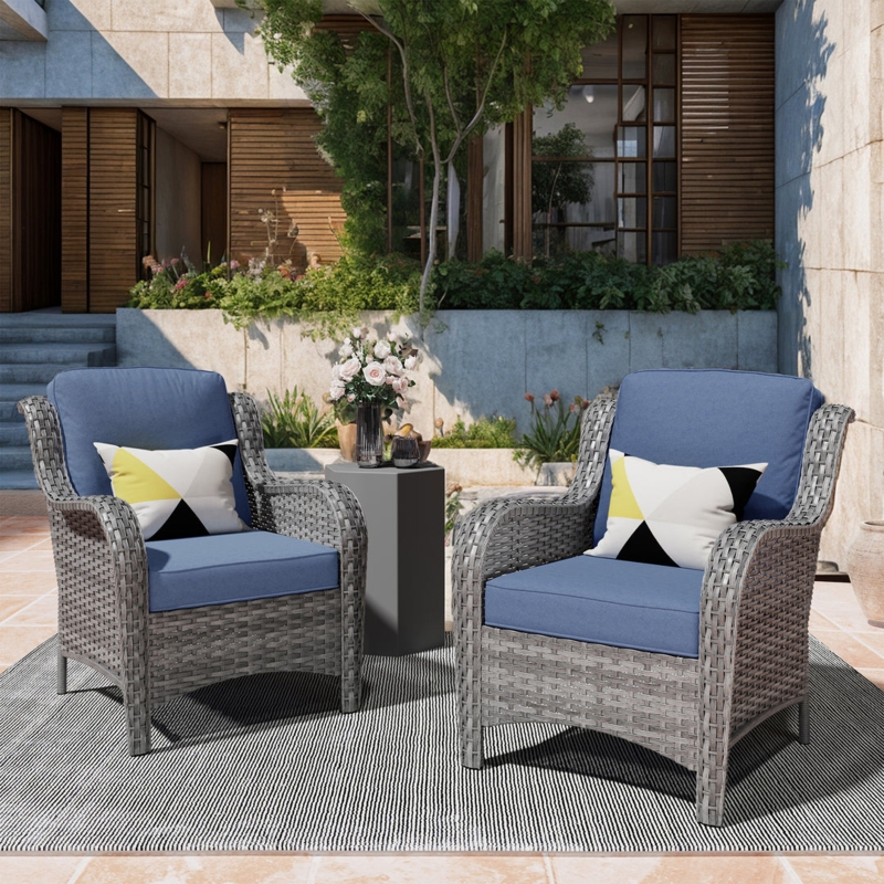 Patio Chair Pair Woven Wicker Club Style with Curved Armrests