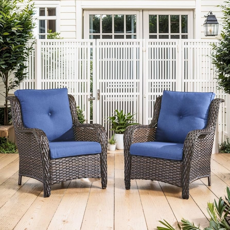 Patio Chair Set Brown Woven Rattan High Back with Wide Arms