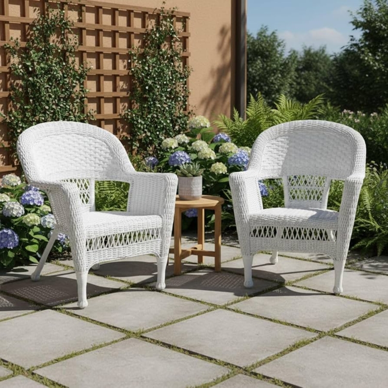 Patio Chair White Wicker Curved Silhouette High Back Traditional Coastal
