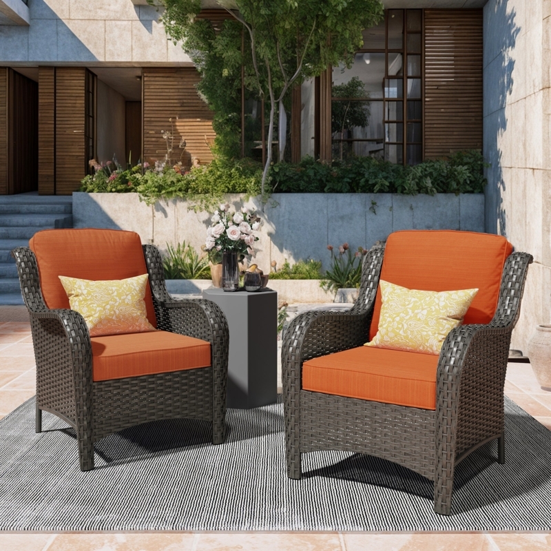 Patio Chair, Wicker Frame with Curved Silhouette, Orange-Red Cushions