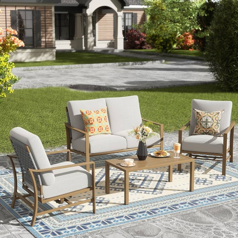 Patio Chat Set Woven Rope Back High Frame Black Metal Bohemian Style