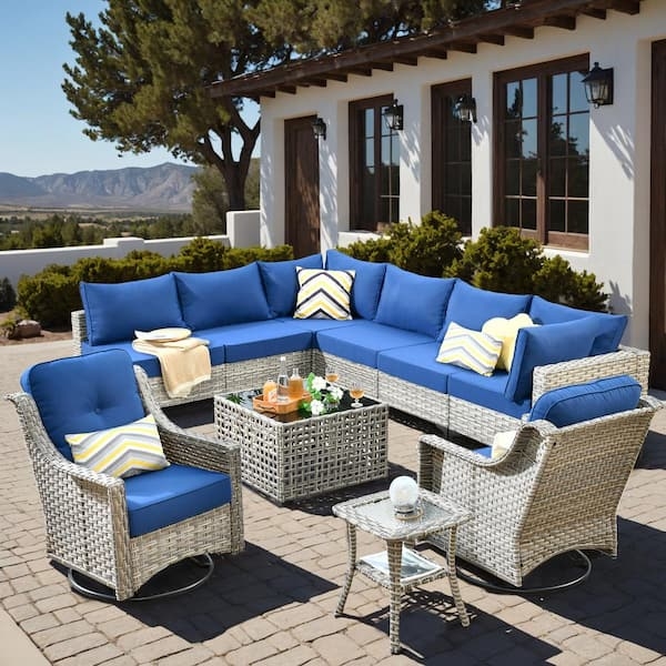 Patio Conversation Set 10-Piece Wicker with Swivel Rocking Chairs