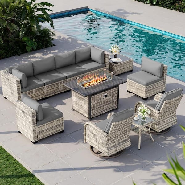 Patio Conversation Set: 11-Piece Wicker with Fire Pit Table