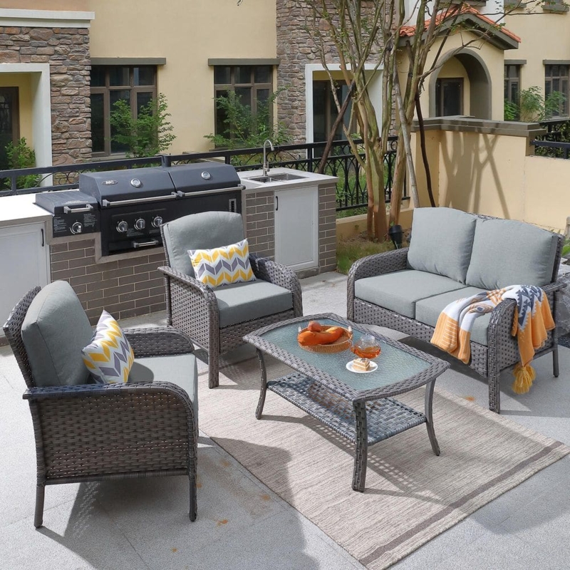 Patio Conversation Set 4-Piece Gray Wicker with Glass Top Table